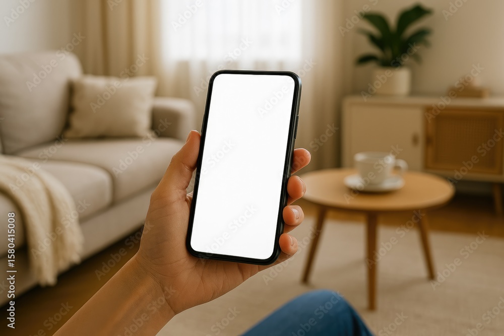 Poster using a mobile device against a comfortable home setting