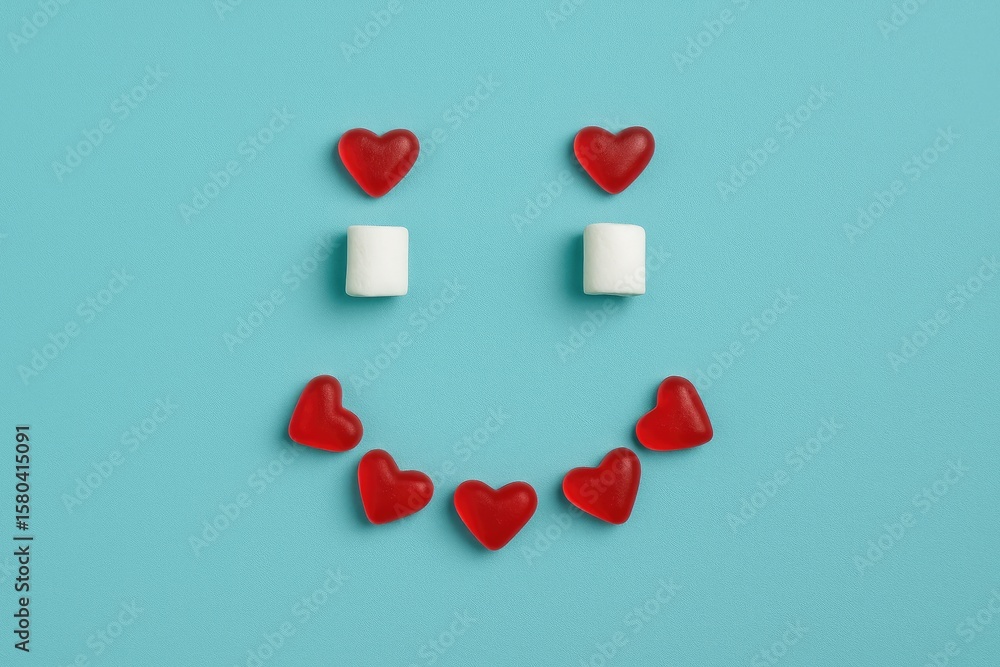 Poster aerial view of a cheerful face made from red heart-shaped jelly and marshmallows on a teal backgroun