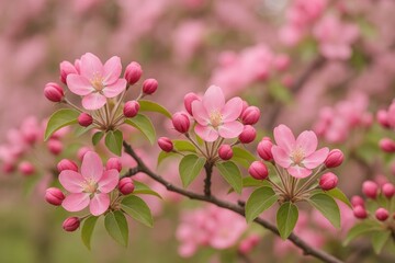 Obraz premium Delicate branches of a flowering fruit tree adorned with pink ornamental blossoms