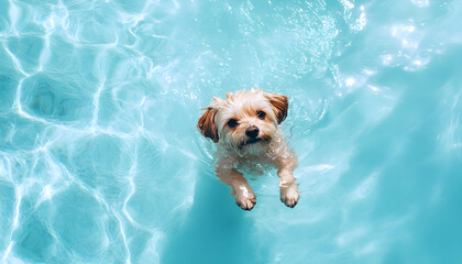 High angle view of a small dog swimming in outdoor swimming pool