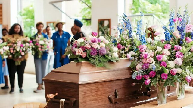 A group of people are standing around a casket with flowers in it. Scene is somber and respectful, as the people are gathered to pay their respects to someone who has passed away