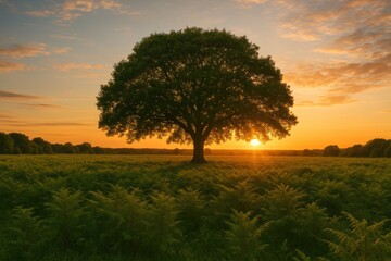 Fototapeta premium A silhouette of a tree against a sunset in a vast fern-covered landscape with surrounding nature