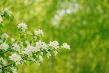 Fototapeta premium Springtime scene with lush greenery and blooming white flowers on a tree, set against a picturesque backdrop.