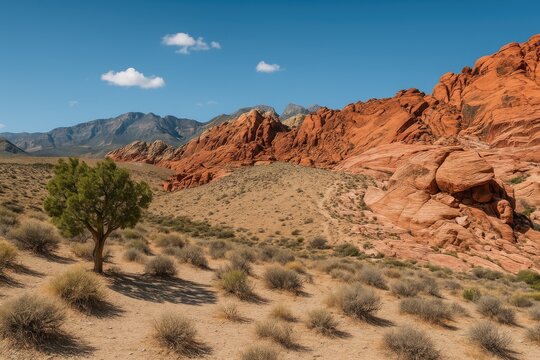 Scenic vista of arid terrain and vibrant sandstone formations in a desert canyon