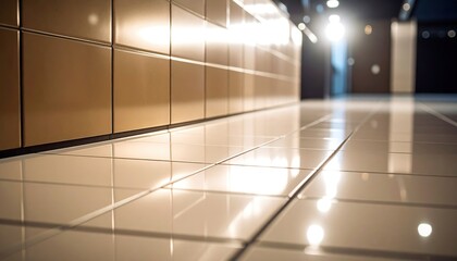 Highly polished light beige tiled floor reflecting bright overhead illumination in a clean modern hallway