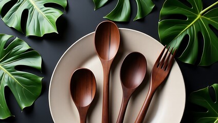 Wooden spoons and fork on a plate surrounded by tropical green leaves