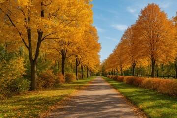Naklejka premium Sunny autumn day with trees and shrubs lining a park alley