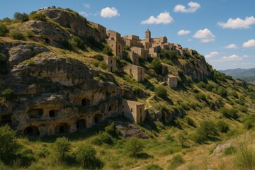 Fototapeta premium Scenic view of the rock-cut Byzantine settlement in Calascibetta, Sicily