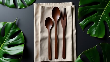Wooden cutlery and green leaves arranged on a napkin for a natural dining experience