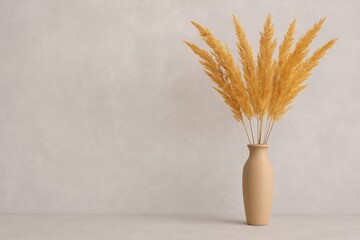 Golden reed vase against a neutral gray backdrop with empty space for text