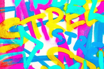 Vibrant graffiti art in neon pink, blue, yellow. 80s street style, funky, colorful, bold lines....