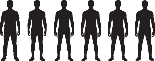 Male body silhouette vector set of standing man in anatomical and casual pose, front view, isolated on white