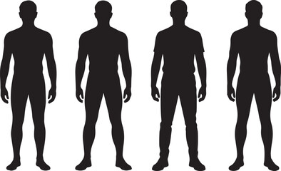 Male body silhouette vector set of standing man in anatomical and casual pose, front view, isolated on white
