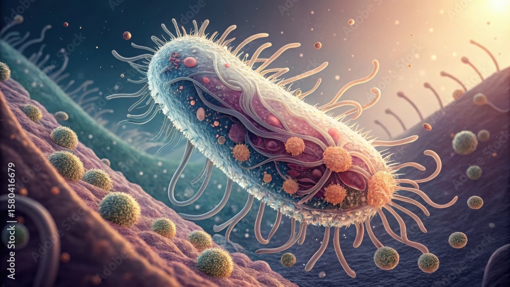 Poster detailed artistic rendering of microbiome cell structure and flow
