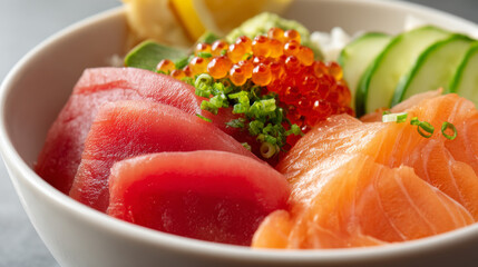 Fresh sashimi bowl with salmon, tuna, fish roe, cucumber slices, and garnished with green onion, vibrant and appetizing