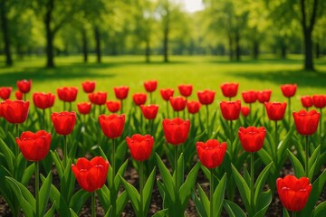 Obraz premium Colorful tulips blooming on a garden bed in a park