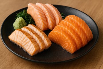 Assorted Fresh Raw Salmon Sashimi Platter with Belly Cuts, Grilled Salmon, and Meat, Accompanied by Wasabi and Seaweed