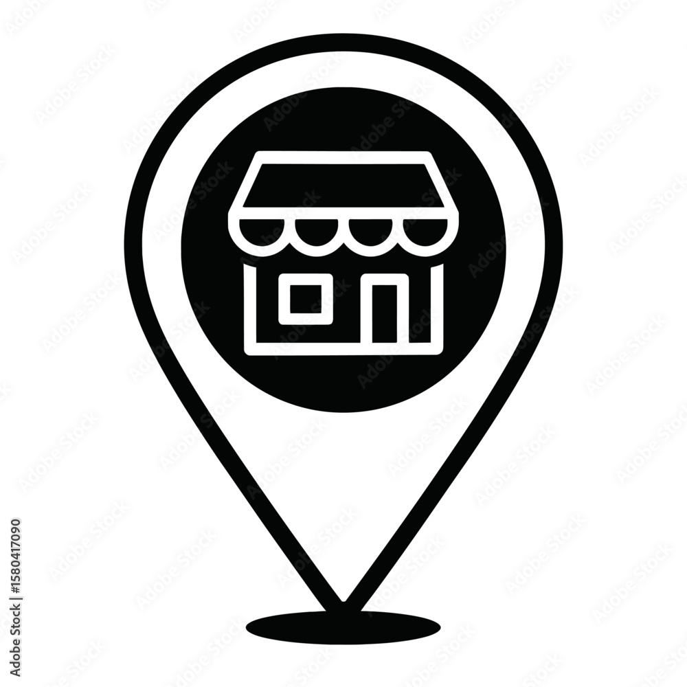 Poster solid glyph icon of a map pointer pin with a storefront symbol inside