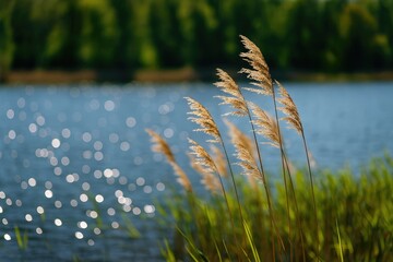 Tall grasses along the water's edge dance in the breeze under a sunny sky, with a blurred background.