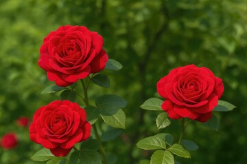 Obraz premium Background wallpaper featuring a cluster of vibrant red roses and trees