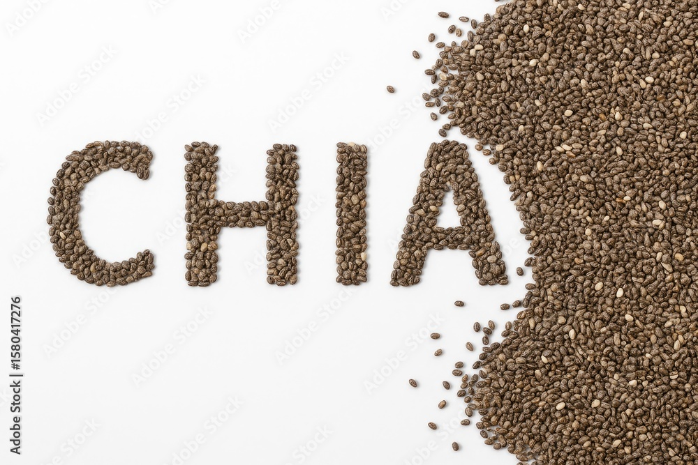 Poster close-up macro of chia seeds arranged in a small pile on a white background