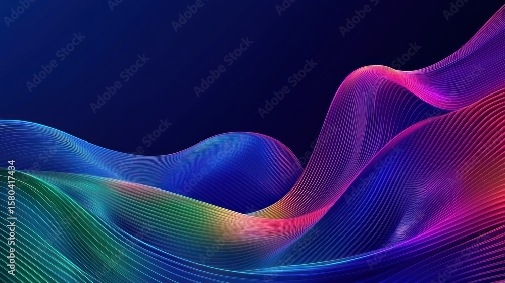 Poster abstract colorful waves of lines on a dark background.