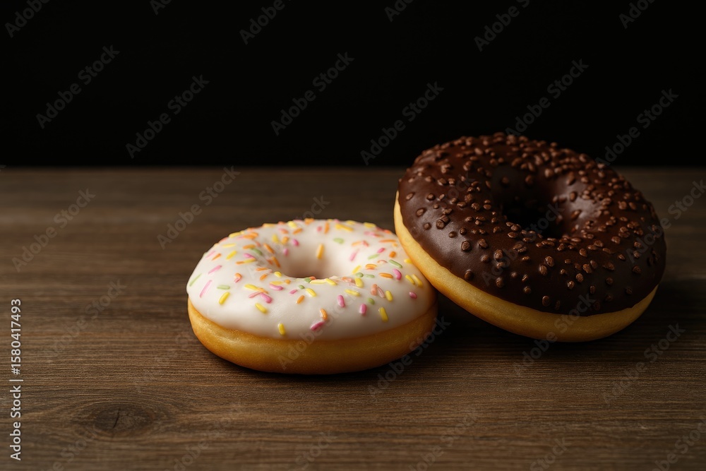 Poster two donuts resting on a surface against a dark backdrop with space for a message