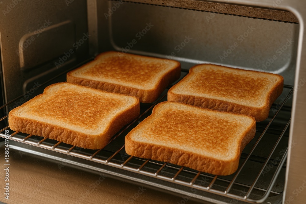 Poster slices of bread being toasted in an oven with a blurred background