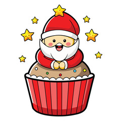 A delicious Christmas cupcake with red ribbon and candle, topped with sweet cream and festive decoration