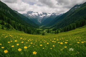 Fototapeta premium Scenic view of a lush mountain valley on a cloudy day, featuring snow-capped peaks and colorful wildflowers in the meadow