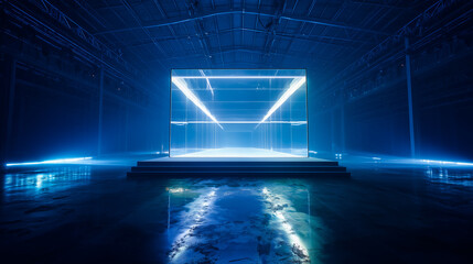 Obraz premium Blue-themed high-tech showcase with glowing transparent cube