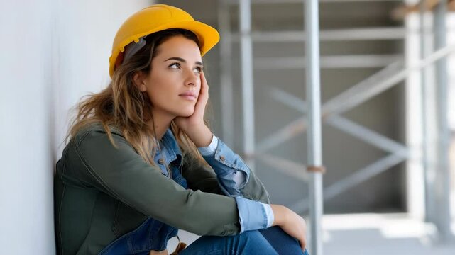 A woman in a hard hat is sitting on the ground. She is looking down and she is in a state of deep thought