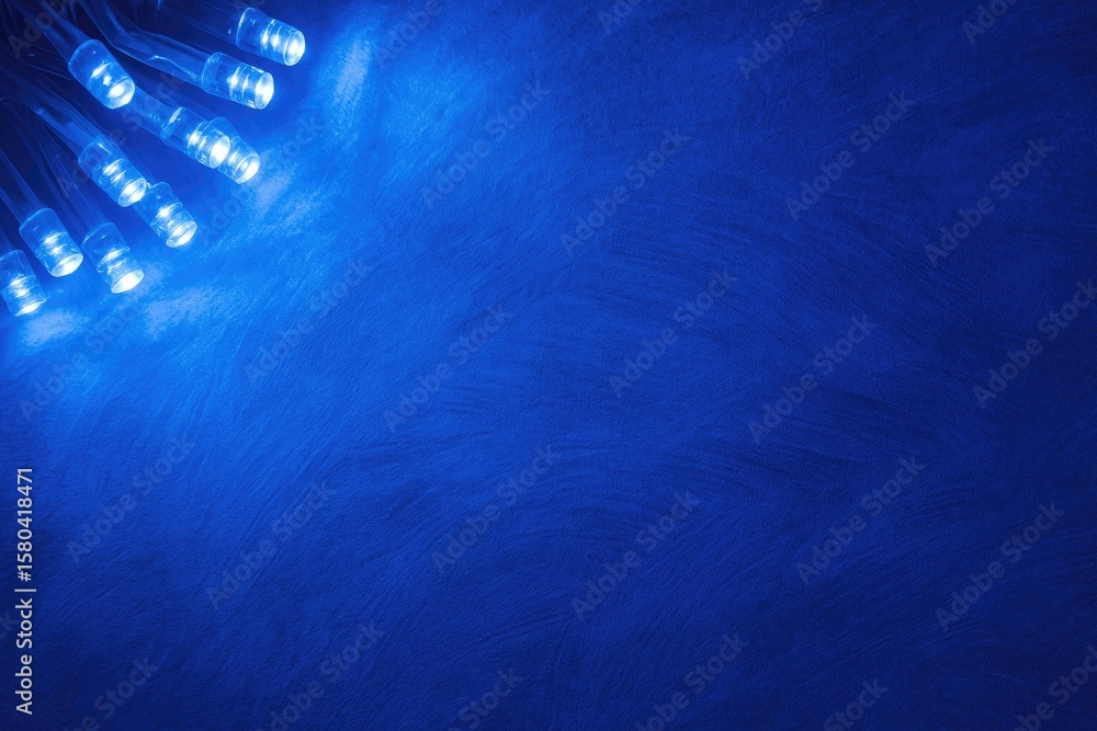 Poster the glowing azure diode lights cast an abstract blue reflection at the lamp's tip.