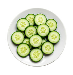 Fresh cucumber sliced on a plate isolated on white background, top view