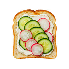Toasted white bread with cream cheese, cucmber and radishes isolated on white background