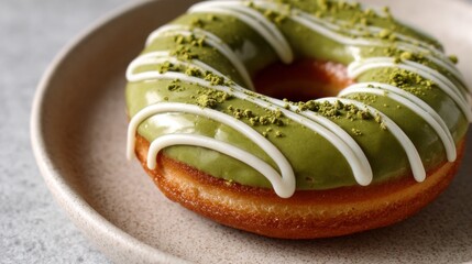 Close-up of a matcha green tea glazed donut with white icing and powdered topping on ceramic plate
