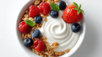 Yogurt with granola, fresh raspberry, blueberry, and strawberry topped with mint leaves in white bowl, healthy breakfast