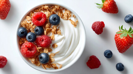 Creamy yogurt topped with fresh blueberries, raspberries, and crunchy granola, surrounded by scattered berries on white surface