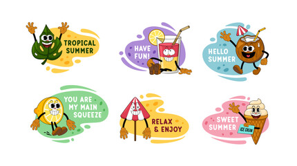 Summer Cartoon Sticker Set. Cute Comic Characters in Y2K Retro Style, Funny Doodle Patches and Labels. Trendy Vibrant Design for Summer Holidays, Travel and Beach Themed Projects