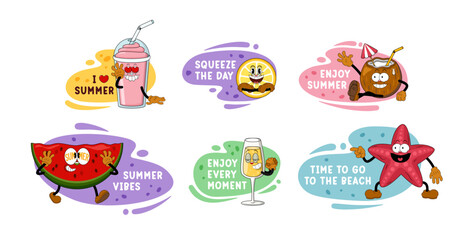 Summer Cartoon Sticker Set. Cute Comic Characters in Y2K Retro Style, Funny Doodle Patches and Labels. Trendy Vibrant Design for Summer Holidays, Travel and Beach Themed Projects