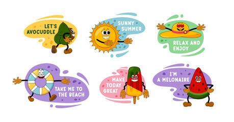 Summer Cartoon Sticker Set. Cute Comic Characters in Y2K Retro Style, Funny Doodle Patches and Labels. Trendy Vibrant Design for Summer Holidays, Travel and Beach Themed Projects