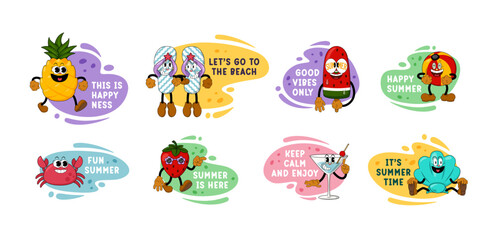 Summer Cartoon Sticker Set. Cute Comic Characters in Y2K Retro Style, Funny Doodle Patches and Labels. Trendy Vibrant Design for Summer Holidays, Travel and Beach Themed Projects