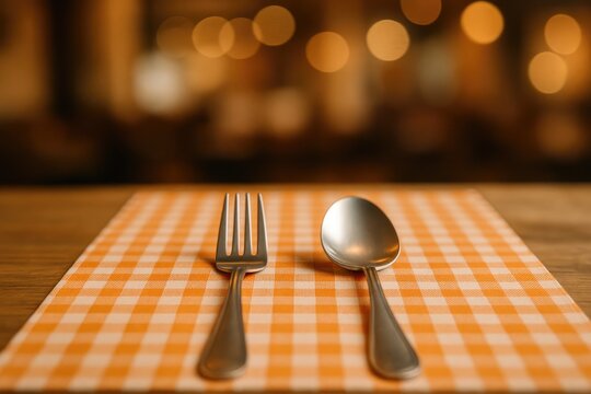 Cutlery resting on a checkered tablecloth with a softly blurred background and bokeh effect