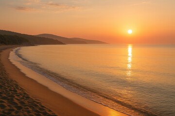 Dawn breaks over a misty shoreline, illuminating tranquil waters and a hidden beach along the coast, near a nature reserve by the river mouth