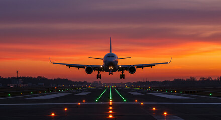An Airport Runway with a Landing Airplane at Sunset.