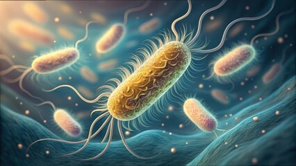 Detailed Illustration of Bacteria with Flagella Swimming in Water