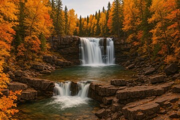 Stunning autumn scene featuring a cascading waterfall