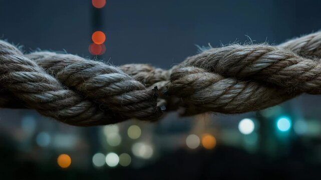 Rope is being cut by a spark. The rope is brown. The spark is orange.  tug-of-war rope: fossil fuel vs clean investment, dramatic lighting,oil exploration stocks