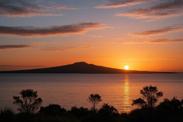 Sunset view of Rangitoto Island from the museum overlooking the harbor