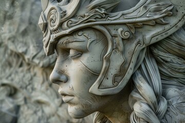 Close up of weathered female warrior statue, showcasing intricate helmet and serene expression, evoking ancient mythology